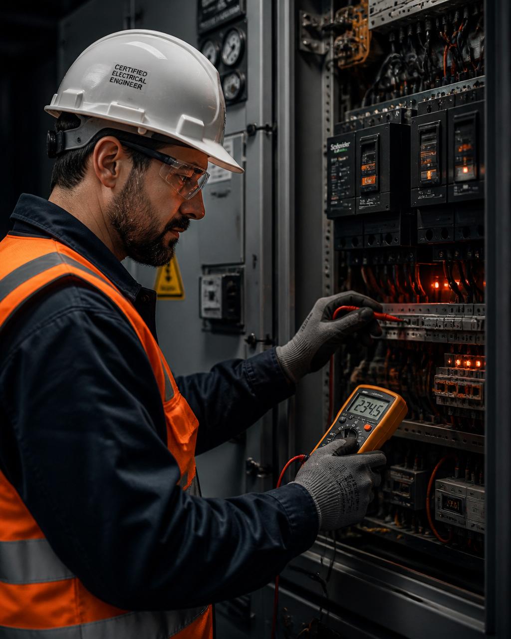 Ingeniero eléctrico SEC Clase A inspeccionando tablero industrial